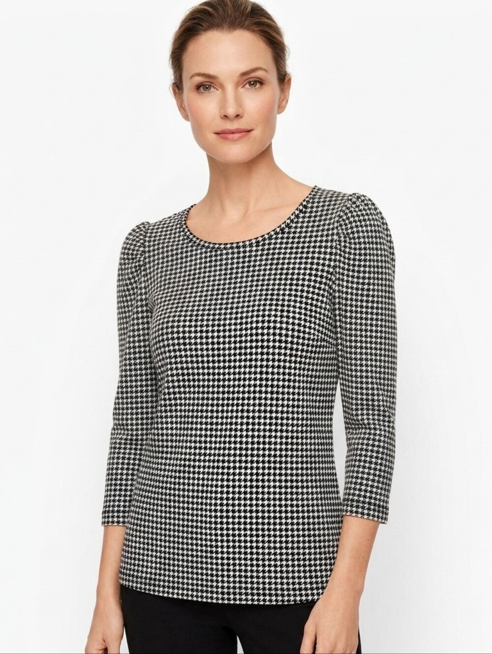 Talbots Black & White Houndstooth Scoop Neck 3/4 Sleeve Classic Top Size L